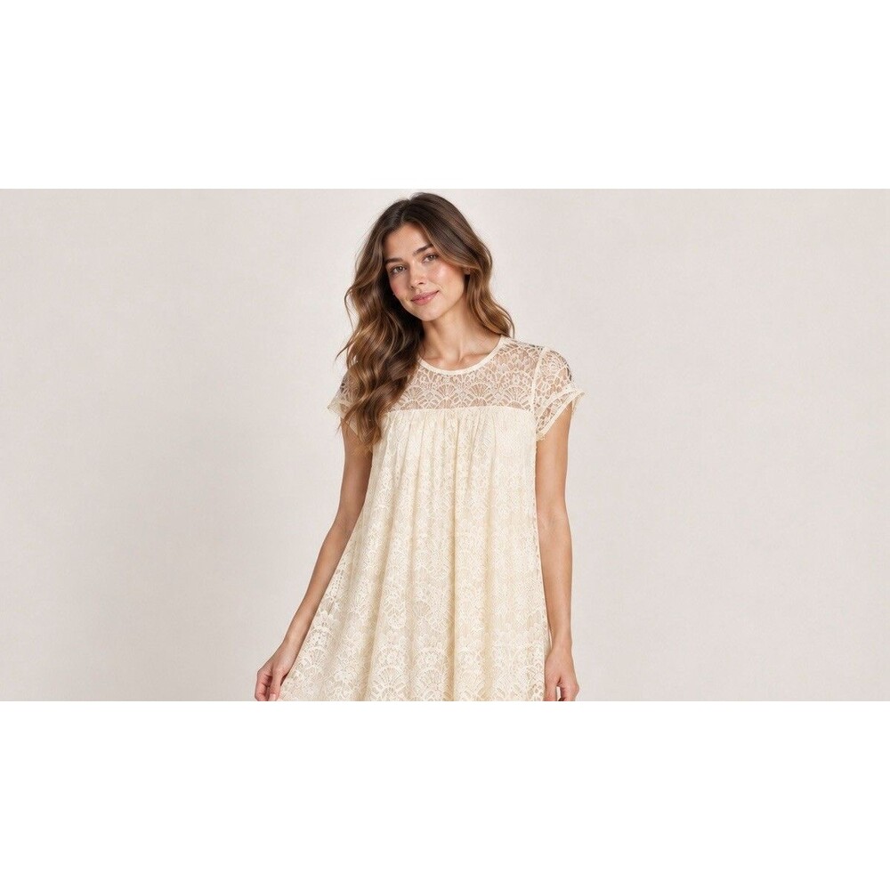 Rebellion Ivory Floral Lace Shift Dress Cap Sleeve Round Neck Lined Women’s S